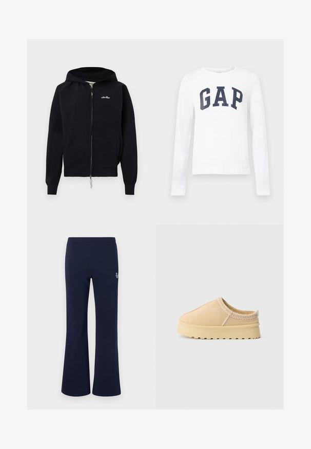 Sweat à capuche noir avec fermeture éclair, capuche, poches latérales, poignets et ourlet côtelés, et petit logo blanc "ellesse" sur la poitrine gauche.; Chemise blanche à manches longues avec encolure ronde et "GAP" imprimé en grandes lettres bleu marine sur la poitrine.; Pantalon de jogging bleu marine à jambes droites avec taille élastique et petit logo blanc sur la cuisse supérieure.; Chaussure slip-on beige avec semelle en caoutchouc épaisse, coutures en zigzag autour du col et languette au talon sur fond blanc uni.