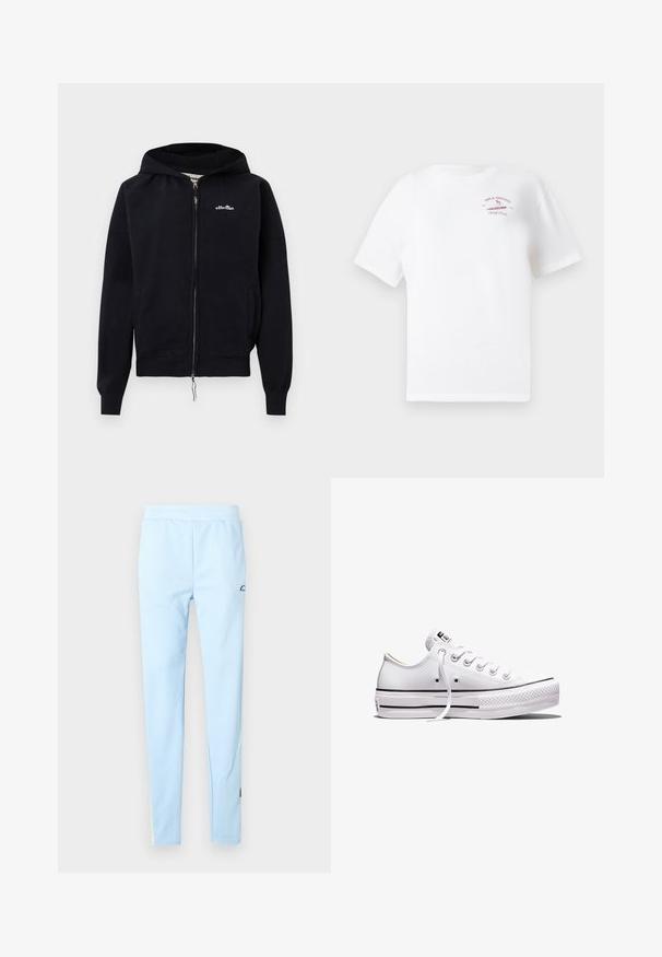 Sweat à capuche noir avec fermeture éclair, capuche, poches latérales, poignets et ourlet côtelés, et petit logo blanc "ellesse" sur la poitrine gauche.; T-shirt blanc à manches courtes avec un petit logo rouge "Billabong Surf Club 1973" et un graphique de surfeur sur le coin supérieur gauche de la poitrine.; Pantalon de sport bleu clair avec une texture lisse, une taille élastique et un motif subtil. Présente un logo près de la hanche et des accents de couleur sur l'ourlet.; Baskets basses en toile blanche avec lacets blancs, semelle en caoutchouc, détails à rayures noires, et écusson logo sur la languette et le talon.