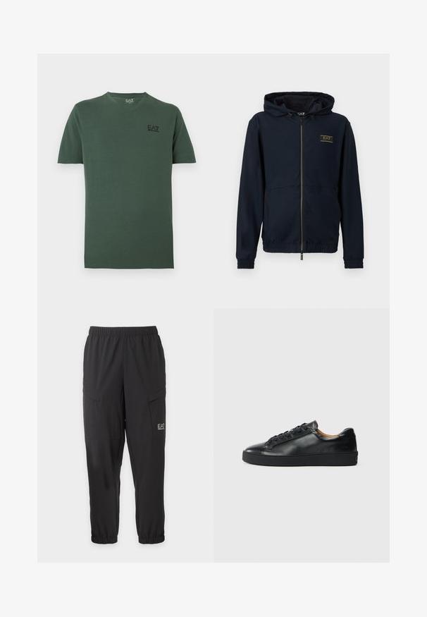 Veste à capuche bleu marine avec fermeture éclair, tissu texturé, poignets et ceinture élastiques, avec un logo doré sur le côté gauche de la poitrine.; T-shirt manches courtes vert foncé à col en V avec petit logo noir EA7 Emporio Armani sur la poitrine gauche.; Pantalon noir décontracté avec taille et poignets élastiques, poches latérales à rabat et petit logo blanc EA7 Emporio Armani sur la cuisse droite.; Baskets en cuir noir avec une texture lisse, bout rond et fermeture à lacets. Comprend une semelle en caoutchouc épaisse et un minimum de détails de marque.