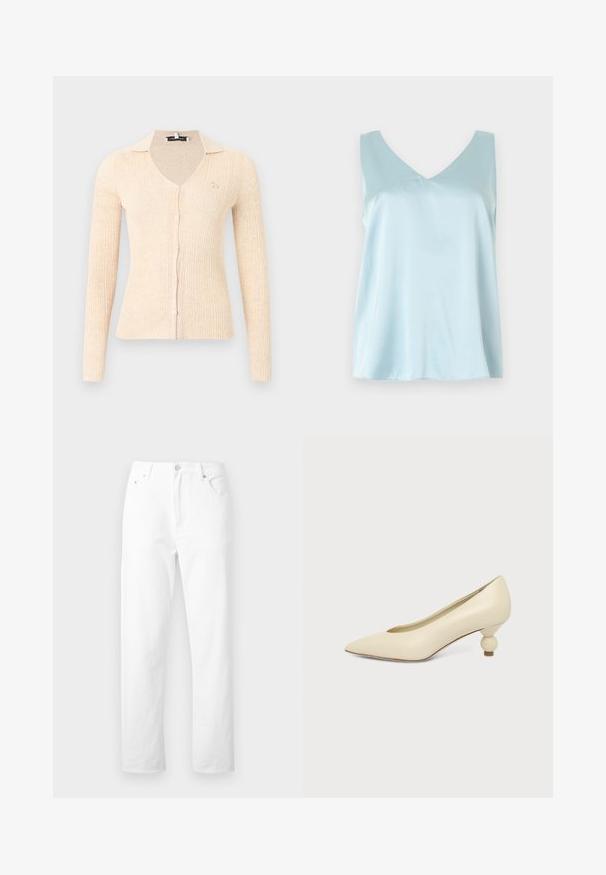Gilet beige à manches longues côtelées avec col en V, fermeture boutonnée sur le devant, petit logo animal brodé sur la poitrine gauche et col classique.; Haut sans manches en satin bleu clair avec encolure en V, coupe ample et texture lisse et brillante sur un fond uni.; Jean denim blanc à jambes droites avec poches avant, passants pour ceinture et fermeture par bouton, présenté sur un fond blanc uni.; Chaussure femme couleur crème à bout pointu avec un petit talon rond en forme de boule, sur fond uni.