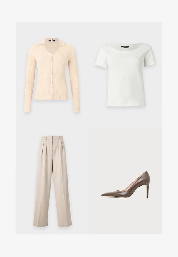 Gilet beige à manches longues côtelées avec col en V, fermeture boutonnée sur le devant, petit logo animal brodé sur la poitrine gauche et col classique.; Haut blanc en coton à manches courtes pour femmes avec un large col rond sur un fond clair uni.; Pantalon large beige taille haute avec plis à l'avant, passants pour ceinture et fermeture avant dissimulée.; Chaussure à talon haut en cuir marron à bout pointu avec un talon aiguille fin et une finition lisse sur un fond clair.