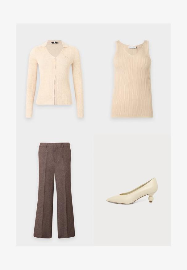 Gilet beige à manches longues côtelées avec col en V, fermeture boutonnée sur le devant, petit logo animal brodé sur la poitrine gauche et col classique.; Haut sans manches beige en maille côtelée avec un col en V et une étiquette "Tiger of Sweden" au niveau du col sur un fond clair uni.; Pantalon marron taille haute à jambes larges, avec plis à l'avant, passants pour ceinture et tissu texturé.; Chaussure femme couleur crème à bout pointu avec un petit talon rond en forme de boule, sur fond uni.