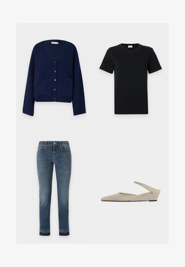 Navyblauer Strickcardigan mit V-Ausschnitt, sechs schwarzen Knöpfen und zwei Fronttaschen. Mit übergroßen Ärmeln und einem verkürzten Saum.; Schwarzes Baumwoll-T-Shirt mit kurzen Ärmeln und Rundhalsausschnitt, mit einem dezenten Logo-Detail an der unteren Vorderseite und einem geraden Saum.; Dunkelblaue Jeans aus Denim mit geradem Bein, klassischem Knopfverschluss und fünf Taschen. Leichte Ausbleichungen an den Oberschenkeln.; Beiger Slingback-Schuh mit niedrigem Keilabsatz, spitzer Zehenpartie und glatter matter Oberfläche, in Seitenansicht vor weißem Hintergrund dargestellt.