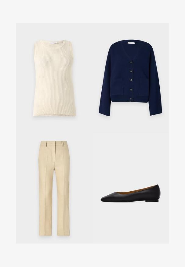 Cardigan tricoté bleu marine avec un col en V, six boutons noirs et deux poches avant. Présente des manches oversize et un ourlet court.; Haut sans manches crème avec une texture côtelée et un col rond. Le tissu semble doux, avec une coupe ajustée et sans motifs ni accents visibles.; Pantalons beige ajustés avec une coupe droite, fabriqués en tissu texturé, présentant des plis et une fermeture éclair à l'avant.; Chaussure plate en cuir noir à bout pointu avec talon bas et finition lisse, vue de côté sur un fond gris clair.