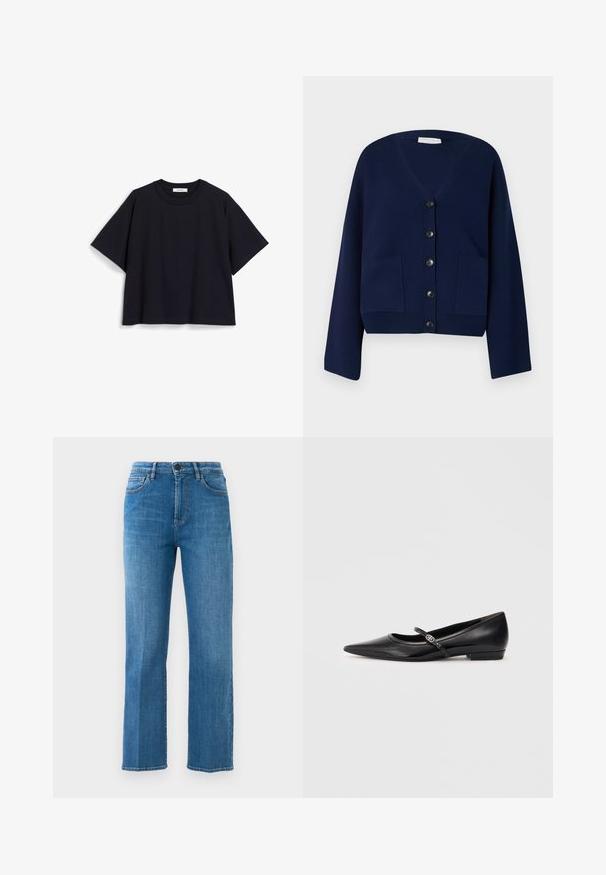 Navyblauer Strickcardigan mit V-Ausschnitt, sechs schwarzen Knöpfen und zwei Fronttaschen. Mit übergroßen Ärmeln und einem verkürzten Saum.; Marineblaue Kurzarm-T-Shirt aus weicher Baumwolle, mit entspannter Passform, Rundhalsausschnitt und minimalistischem Design. Keine sichtbaren Muster oder Akzente.; Gerade geschnittene blaue Denim-Jeans mit Vordertaschen, Gürtelschlaufen, Reißverschluss und Knopfverschluss vor einem schlichten weißen Hintergrund.; Schwarze Lacklederballerinas mit spitz zulaufender Zehenpartie, Knöchelriemen und dekorativen Beschlägen. Glatte Textur und niedriges Absatzdesign.