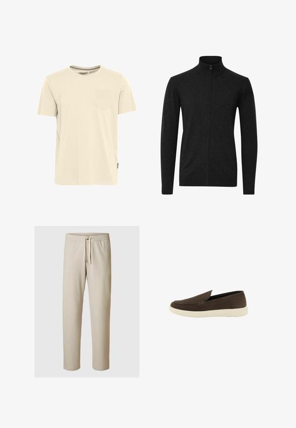 Suéter negro con cremallera y cuello alto, mangas largas, puños y dobladillo acanalados, que muestra una textura de punto suave.; Camiseta de algodón de color beige claro y de manga corta, con un cuello redondo y un pequeño bolsillo en el pecho izquierdo. Detalle texturizado en el cuello.; Pantalones casuales beige con cinturilla elástica y cordón ajustable delantero, diseño de pierna recta, adecuados para un estilo relajado o de uso diario.; Mocasín deslizante de ante marrón oscuro con suela color blanco roto, detalles mínimos de costura y cuello bajo, visto de lado.