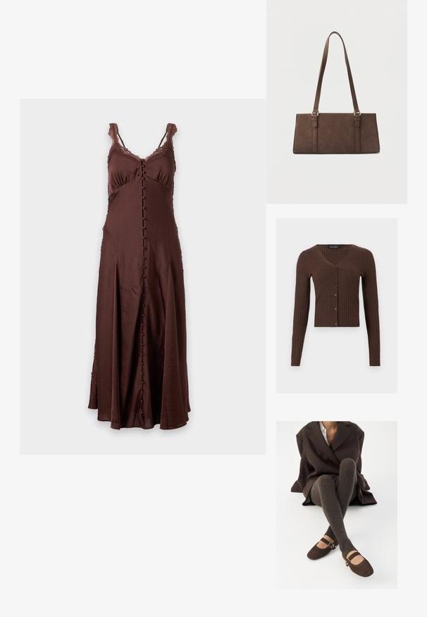 Brun ribstrikket cardigan med lange ærmer, V-udskæring og knaplukning foran, mærke "Anna Field" indeni halsudskæringen.; Brun ærmeløs kjole med blonde stropper, knapper foran og flydende nederdel med folder.; Brune ribbede knæhøje sokker parret med brune ruskinds Mary Jane sko med en dekorativ rem og spænde, båret med en mørk frakke.; Brun rektangulær skuldertaske med lange stropper og minimale syningsdetaljer på en ensfarvet baggrund.