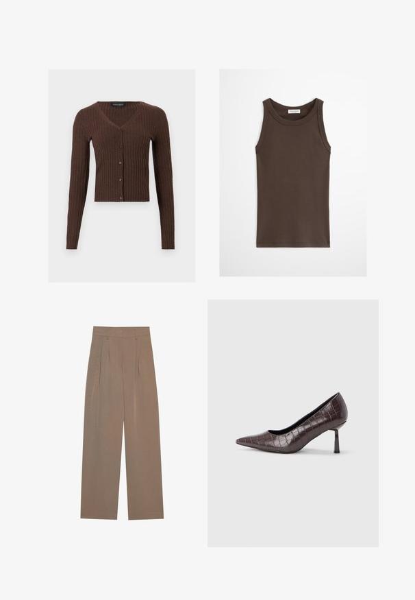 Brun ribstrikket cardigan med lange ærmer, V-udskæring og knaplukning foran, mærke "Anna Field" indeni halsudskæringen.; Mørkebrun ærmeløs tætsiddende tanktop med rund halsudskæring, vist mod en ensfarvet lys baggrund.; Brune plisserede bukser med bred ben-design, der har en flad talje og sidelommer, lavet af et letvægtsstof.; Brune kunstlæder stiletter med spidse tæer og krokodilletekstur, der har en slank, vinklet hæl og en glat inderside.