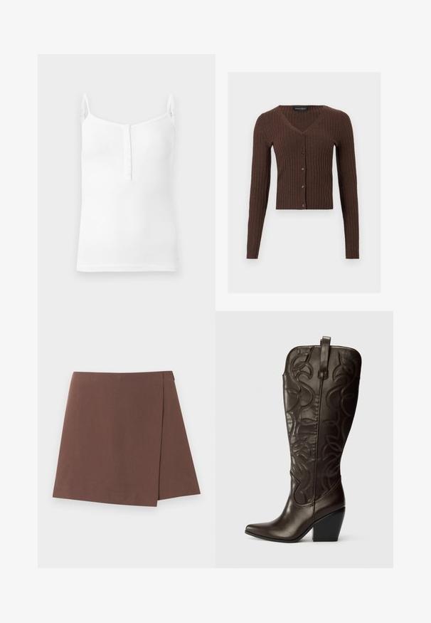 Brown ribbed knit cardigan with long sleeves, V-neck, and front button closure, brand label "Anna Field" inside the neckline.; White ribbed tank top with thin adjustable straps and a front placket featuring small buttons, displayed on a plain background.; Brown A-line skirt with a slight front overlap detail, made of smooth fabric, displayed on a plain light background.; Brown leather cowboy boots with stitching detailing, pointed toe, and a block heel. Decorated with leaf-like patterns.