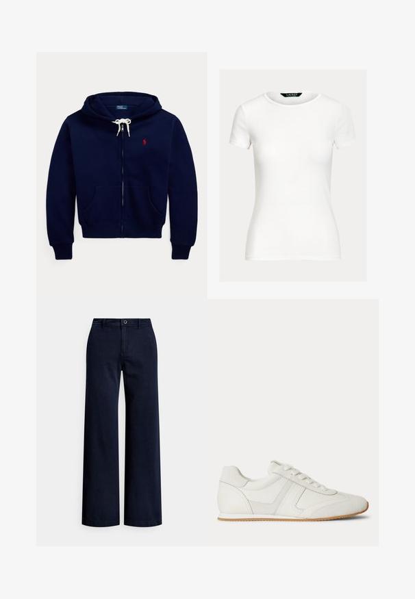 Sudadera azul marino con cremallera, cordón blanco, bolsillos delanteros, puños acanalados y pequeño logo bordado en rojo en el pecho izquierdo.; Camiseta blanca lisa y ajustada de manga corta con cuello redondo y etiqueta de Lauren Ralph Lauren en el interior del cuello.; Pantalones de pierna ancha en color azul marino, fabricados en algodón, con cierre frontal de botones, trabillas para cinturón y un acabado liso y texturizado.; Zapatilla blanca de corte bajo con cordones en la parte frontal, paneles de ante y cuero, y una suela de goma marrón claro sobre un fondo blanco.
