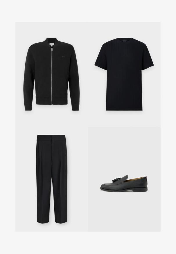 Sweatshirt zippé noir en tissu doux, avec un col montant, des poignets côtelés et un petit logo noir sur la poitrine gauche.; T-shirt noir à manches courtes avec encolure ronde, présentant une texture subtile à côtes verticales, posé à plat sur un fond gris clair.; Pantalon noir taille haute à jambes droites avec plis devant et large ceinture, présenté à plat sur fond blanc.; Mocassin pour homme en cuir noir avec pompons, bout arrondi, petit talon et languette à l'arrière, présenté de profil sur un fond gris clair.