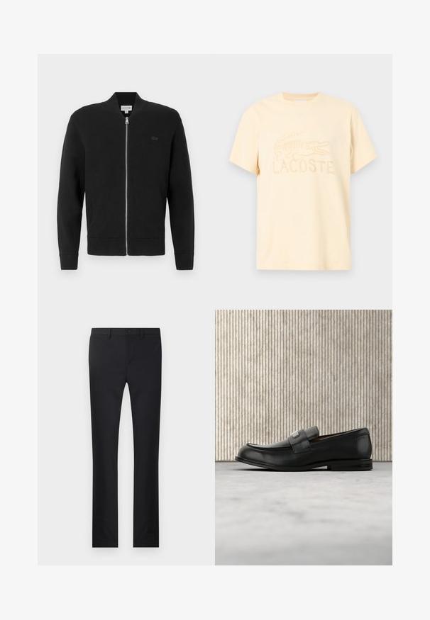 Zwarte rits sweatshirt gemaakt van zachte stof, met een staande kraag, geribde manchetten en een klein zwart logo op de linkerkant van de borst.; Lacoste-logo T-shirt in licht pastelgeel. Gemaakt van katoen, met een ronde hals en korte mouwen, voorzien van een geborduurd krokodillenontwerp en merknaam.; Zwarte broek met een rechtlopende pasvorm, gemaakt van soepel materiaal. Voorzien van zakken aan de voorkant, een knoopsluiting en riemlussen.; Zwarte leren loafer met een metalen merktekenplaatje, rustend bij een bruine ronde tafel op een beige tapijtvloer.