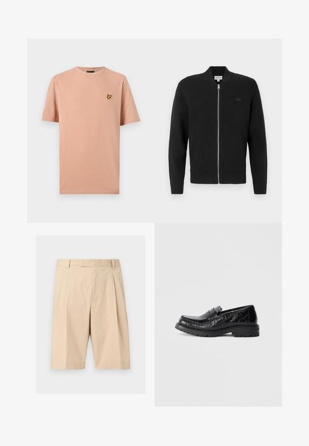 Sweatshirt zippé noir en tissu doux, avec un col montant, des poignets côtelés et un petit logo noir sur la poitrine gauche.; T-shirt à manches courtes et col rond en pêche clair texturé avec un petit logo d'oiseau jaune et noir sur le côté gauche de la poitrine.; Shorts beige mi-long cintrés avec passants pour ceinture, plis à l'avant et fermeture éclair cachée sur le devant.; Mocassin en cuir texturé crocodile noir avec semelle épaisse et bandeau sur le dessus, vue de côté, isolé sur fond gris clair.