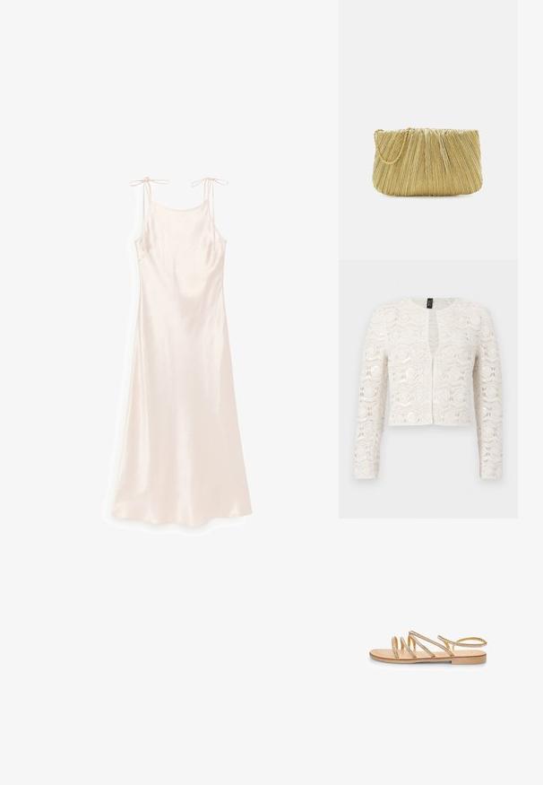 Witte lange mouwen kanten vest met bloemen- en geometrische patronen, open voorkant en licht verkorte lengte.; Lichtroze satijnen slipdress met dunne verstelbare bandjes en een rechte halslijn, afgebeeld op een witte achtergrond.; Gouden platte sandalen met meerdere kruislings geplaatste banden versierd met kleine heldere rhinestones. Beschikt over een platte zool en een open hielontwerp.; Loeffler Randall BRIT PLEATED FLAT - Clutch - gold-coloured