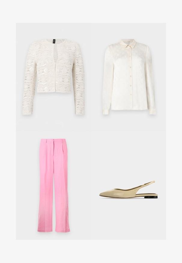 Hvid langærmet cardigan i blonder med blomster- og geometriske mønstre, åben front og let kort længde.; Hvid langærmet skjorte med krave, knaplukning foran, lavet af et glat stof med et subtilt præg mønster.; Rosa linnedragt med en afslappet pasform, der har frontfolder, en knaplukning og sidelommer. Glat tekstur og lige ben-design.; Beige spids tå slingback flad sko med lav sort hæl og en glat læderfinish, vist fra siden på en ensfarvet baggrund.