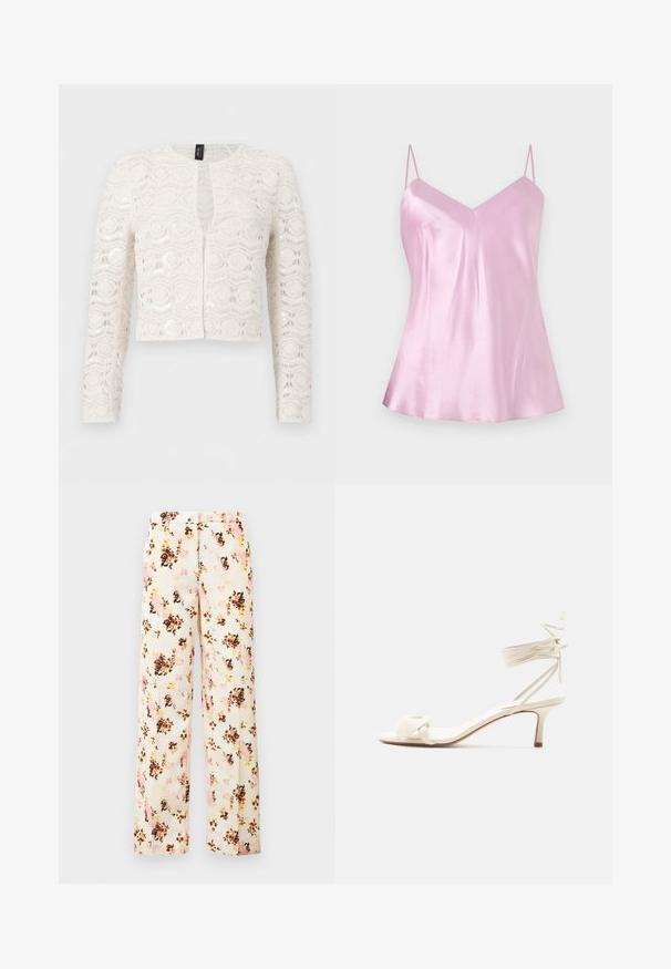 Cardigan blanc en dentelle à manches longues avec motifs floraux et géométriques, devant ouvert et longueur légèrement raccourcie.; Camisole en satin rose clair avec fines bretelles spaghetti réglables et un léger décolleté en V, présenté sur un fond blanc uni.; Pantalons larges à fleurs en crème, avec un mélange de fleurs roses, orange et noires. Tissu lisse avec une coupe décontractée et sans poches extérieures.; Sandale à talon bas de couleur crème avec des liens à nouer autour de la cheville et une large bride torsadée sur les orteils, sur un fond blanc uni.