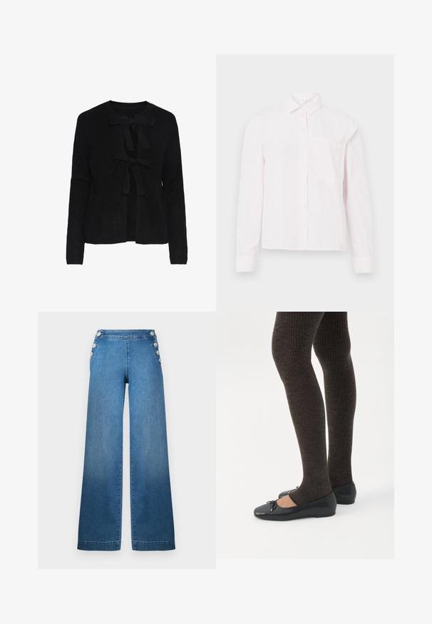Cárdigan de punto negro con escote redondo, que cuenta con dos lazos frontales y un patrón texturizado. Mangas largas y longitud recortada.; Camisa de botonera de manga larga color rosa claro, con cuello y un bolsillo en el pecho, presentada sobre un fondo blanco.; Pantalones de mezclilla azul de pernera ancha con cintura alta, acentos laterales abotonados y bajo recto. La tela tiene una textura suave con ligero desgaste.; Piernas con leggings oscuros acanalados combinados con bailarinas negras que presentan pequeños detalles de lazo sobre un fondo blanco.