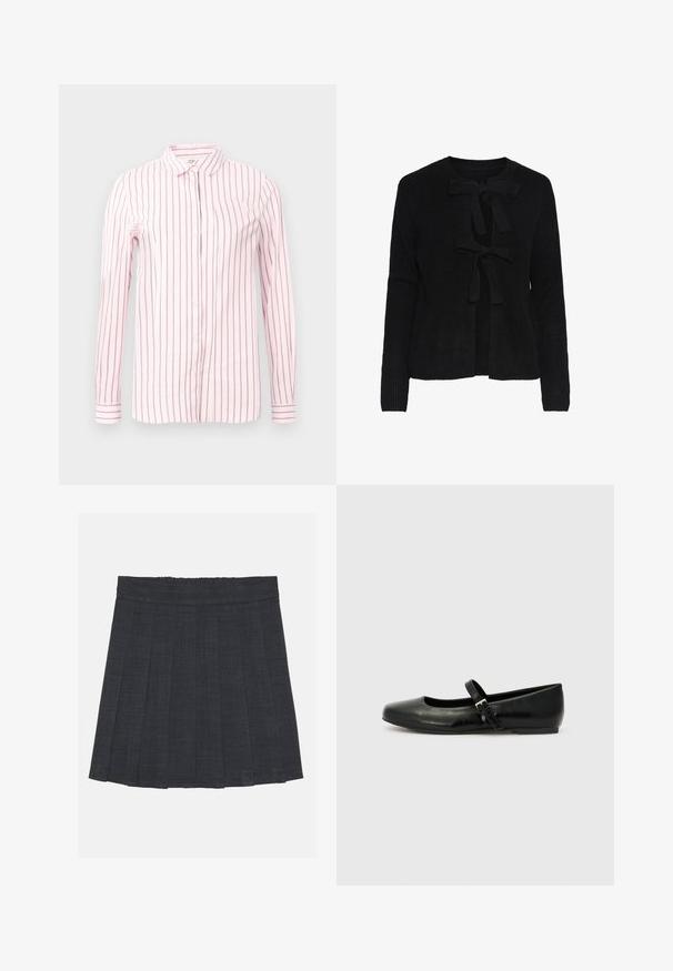 Sort strikket cardigan med rund halsudskæring, prydet med to frontsnøringer og et struktureret mønster. Lange ærmer og cropped længde.; Lys pink skjorte med lodrette maroon striber, lange ærmer, knap-åbning foran og klassisk krave. Glat stof og tætsiddende design.; Mørkegrå plisseret nederdel med elastisk talje, der har et struktureret stof og en klassisk A-formet silhuet. Velegnet til hverdag.; Sorte læder balletflade med rund tå, flad sål og en tynd justerbar rem over svangen med en metalspænde.