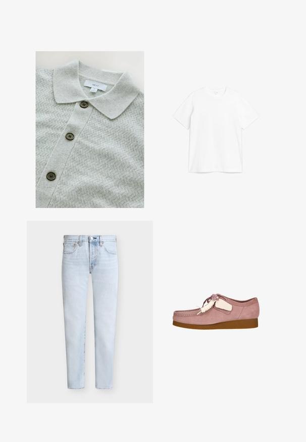 Lys grå cardigan med et fiskebensmønster, knaplukning og en blød, struktureret finish. Har krave og mørke knapper.; Hvid bomulds T-shirt med rund halsudskæring og korte ærmer. Stoffet ser glat ud med et klassisk, lige snit design.; Lyseblå denimjeans med lige ben, forlommer og knaplukning, vist på ensfarvet hvid baggrund.; Lyserød ruskindsko med rund tå, snøre-design og en cremefarvet accentmærke. Har en tan gummisål for ekstra greb.