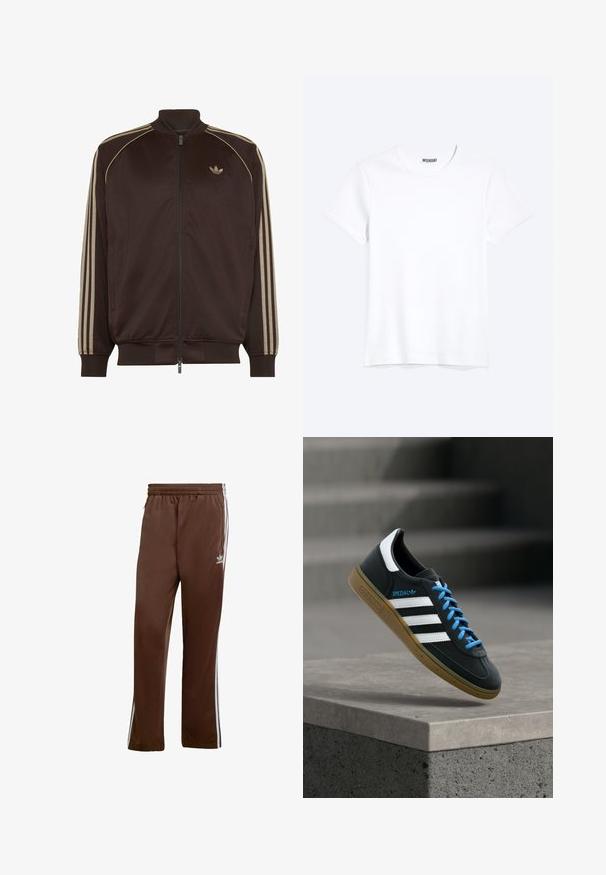 Mørkebrun Adidas træningsjakke med beige tre striber på ærmerne og lille trekløverlogo på brystet, lynlås foran, ribbet krave og manchetter.; Enkelt hvid T-shirt med korte ærmer og rund hals med synligt WEEKDAY-mærke i kraven, vist på en lys baggrund.; Brune atletiske bukser lavet af glat stof, med hvide sidelister og elastisk talje. Inkluderer lommer på begge sider.; Sort Adidas sneaker med hvide striber, blå snørebånd og gummisål, der svæver over gråt betontrin i blødt lys.