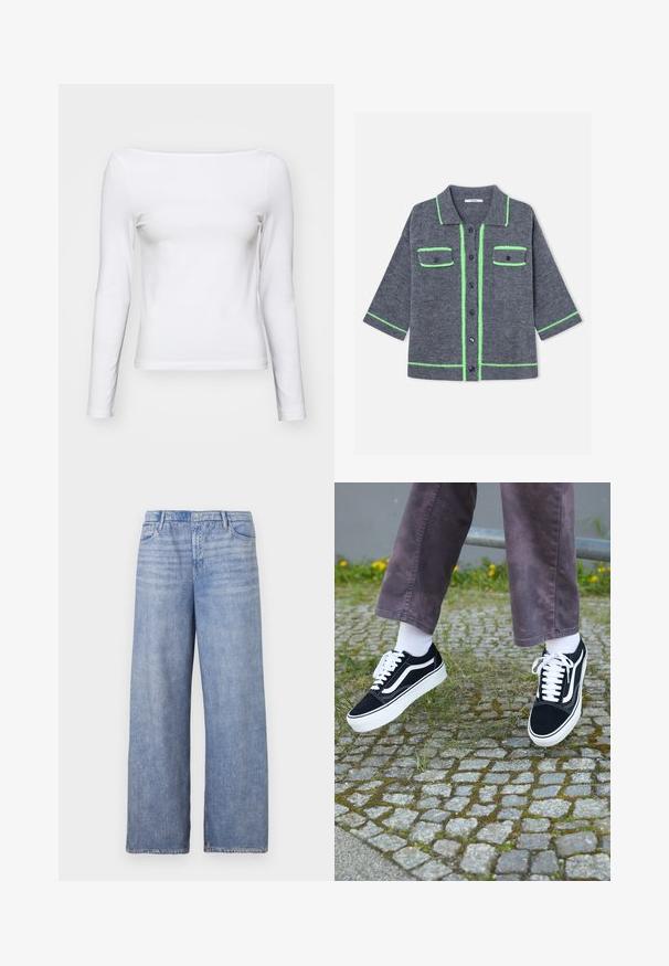 Grå strikket cardigan med krave, med grønne accenter langs kanterne og lommerne samt mørke knapper foran.; Hvid langærmet t-shirt med firkantet udskæring, slim fit, lavet af blødt bomuldsstof. Glat tekstur, ingen mønstre eller accenter.; Lyseblå vide jeans lavet af denim, med et klassisk fem-lomme design, knaplukning og synlig falmning på stoffet.; Sorte ruskinds sneakers med hvide accenter, med rund tå, tyk hvid sål og klassisk snørebåndsdesign, båret med hvide sokker og lilla bukser.