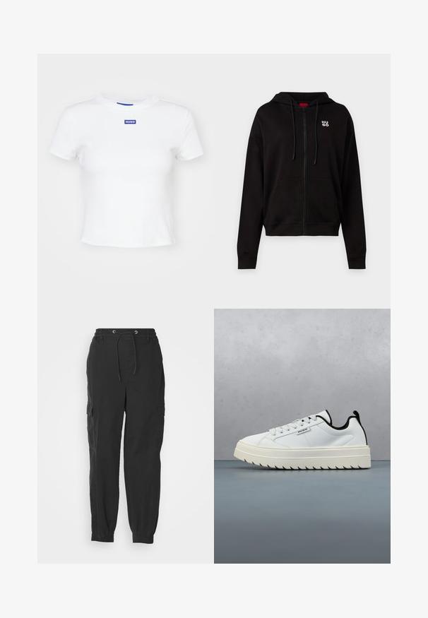 Sort zip-up hoodie lavet af blødt materiale, med en hætte med snor, forlommer og et hvidt logo på venstre bryst.; Hvid bomulds t-shirt med korte ærmer, rund halsudskæring og et blåt rektangulært logo-patch med teksten "HUGO" midt foran.; Sorte cargo bukser med elastisk talje, snøre og sidelommer; tapered ben med opsmøg. Fremstillet af letvægtsstof.; Hvide lædersneakers med en chunky, struktureret sål med et tandet design. Sorte detaljer på hælen og tungen giver kontrast.