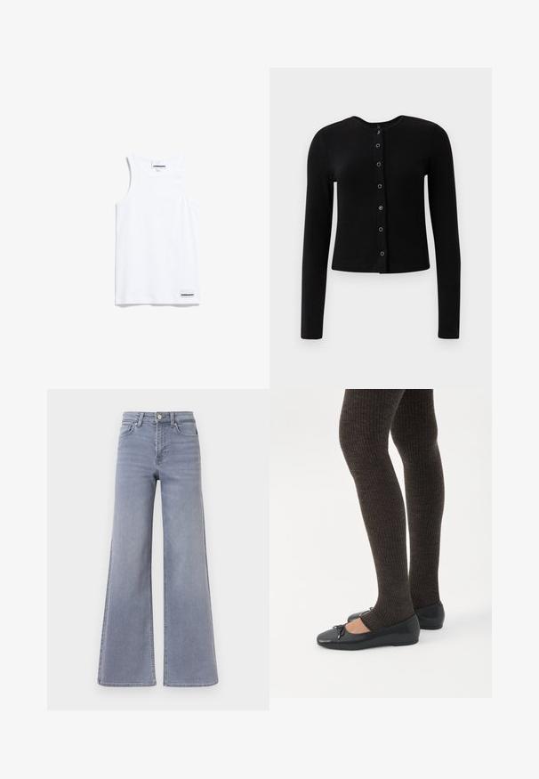 Zwarte geribbelde lange mouwen cardigan met een ronde halslijn en centrale knoopsluiting, voorzien van metalen knopen en een getailleerde pasvorm.; Witte tanktop gemaakt van katoen. Voorzien van brede schouderbanden en een ronde halslijn. Inclusief een klein merkje aan de onderkant links.; Lichtblauwe denim jeans met een wijde pijp en hoge taille, voorzien van een knoop- en ritssluiting aan de voorkant, met voor- en achterzakken, getoond tegen een witte achtergrond.; Benen met donkere geribbelde leggings gecombineerd met zwarte ballerina's met kleine strikdetails op een witte achtergrond.
