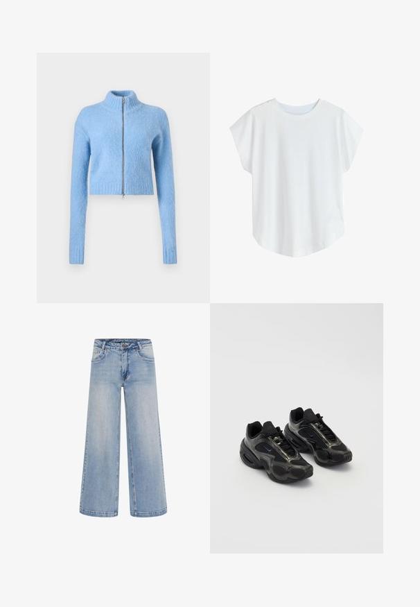 Lys blå, cropped sweater lavet af blødt, struktureret stof. Har en høj krave og en foran lynlås med ribbede manchetter.; Hvid T-shirt med korte ærmer lavet af blød bomuld, med en afslappet pasform, rundet halsudskæring og en buet kant nederst.; Lyseblå brede jeans med høj talje, fem lommer og kontrastsyninger. Fremstillet af denim med en glat tekstur.; Sorte sportssko lavet af syntetisk materiale med mesh-detaljer og afrundede såler. Har snørresystem og fremtrædende Nike-logo på tungen.
