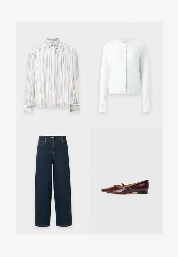 Cárdigan blanco de punto con mangas largas, escote redondo, puños y bajo acanalados, y cinco botones frontales.; Camisa de botones a rayas con base blanca, que presenta líneas multicolores estrechas en azul, naranja y verde. Mangas largas y cuello clásico.; Vaqueros de mezclilla azul oscuro con pierna ancha, cierre con botón delantero y cremallera, y diseño de cinco bolsillos.; Zapato plano de charol burdeos con punta afilada y una cinta decorativa a lo largo del empeine. Cuenta con un tacón bajo negro.