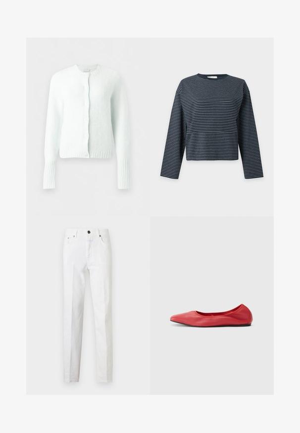 Cardigan blanc en maille à manches longues avec encolure ronde, poignets et ourlet côtelés, et cinq boutons sur le devant.; Chemise bleu marine à manches longues avec fines rayures horizontales blanches et col rond sur un fond clair uni.; Jean slim blanc avec cinq poches, fermeture par bouton métallique et passants de ceinture, présenté à plat sur fond blanc.; Filippa K REY FLATS - Ballerines - bright red