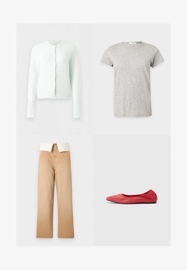 Cardigan blanc en maille à manches longues avec encolure ronde, poignets et ourlet côtelés, et cinq boutons sur le devant.; T-shirt gris clair à manches courtes et col rond avec un motif chiné subtil affiché sur un fond uni.; Pantalon large à taille haute beige avec fermeture visible par bouton et fermeture éclair, assorti d'un col de chemise blanc rentré.; Filippa K REY FLATS - Ballerines - bright red
