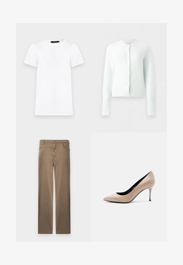 Cardigan blanc en maille à manches longues avec encolure ronde, poignets et ourlet côtelés, et cinq boutons sur le devant.; T-shirt blanc uni à manches courtes, col rond, coupe droite avec une petite étiquette noire à l'intérieur du col.; Pantalon marron à jambes droites avec bouton à l'avant, fermeture éclair, et poches avant et arrière, présenté sur un fond blanc.; Chaussure à talon haut pointu en cuir verni beige avec talon aiguille fin et doublure intérieure noire sur fond blanc.