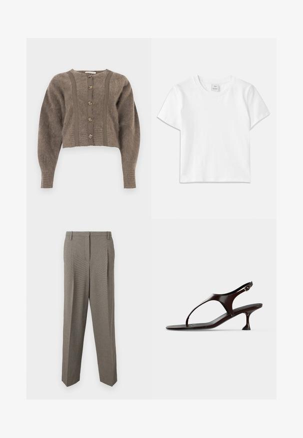 Cardigan court marron pelucheux avec manches longues, cinq boutons en écaille de tortue et détails de panneaux tricotés verticaux.; T-shirt en coton blanc avec un col rond, des manches courtes et un ourlet droit. Étiquette marquée "Won Hundred" au centre de l'encolure.; Pantalons taillés gris en tissu texturé, design à jambe droite, deux poches avant et une taille lisse.; Sandale slingback en cuir verni marron foncé avec petit talon et bride entre les orteils sur fond blanc.