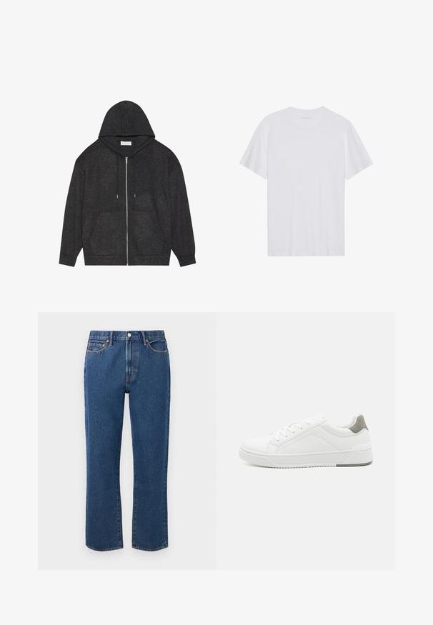 Graphitgrauer Zip-Hoodie mit Kordelzugkapuze, gerippter Struktur und vorderen Taschen. Mit langen Ärmeln und lockerer Passform.; Weißes Baumwoll-T-Shirt mit kurzen Ärmeln, Rundhalsausschnitt und glatter Textur. Verfügt über eine minimale Markenkennzeichnung am Halsausschnitt.; Blaue gerade Jeans aus Denim mit einem Knopfverschluss, fünf Taschen und kontrastierenden orangen Nähte.; Weißer Sneaker aus glattem Leder, runde Zehenpartie, minimalistisches Design, graue Fersenkante und strukturierte Gummisohle.