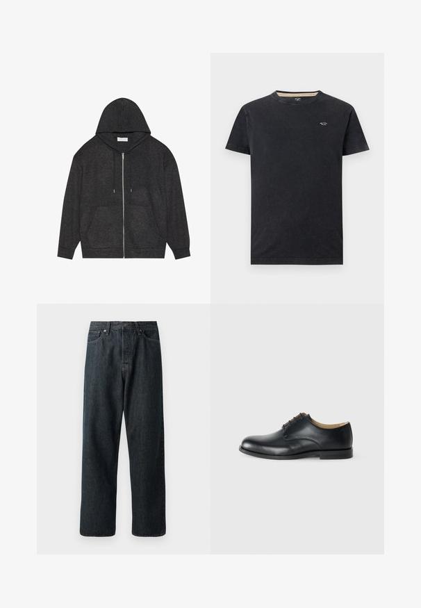 Haut à zip gris graphite avec capuche à cordon, texture côtelée et poches avant. Présente des manches longues et une coupe décontractée.; T-shirt noir à col rond et manches courtes avec un petit logo mouette blanc sur le côté gauche de la poitrine, présenté sur un fond clair uni.; Jeans en denim foncé avec une coupe droite, dotés d'une disposition traditionnelle à cinq poches et d'une fermeture à bouton en métal à la taille.; Calvin Klein ESS DERBY - Derbies - triple black