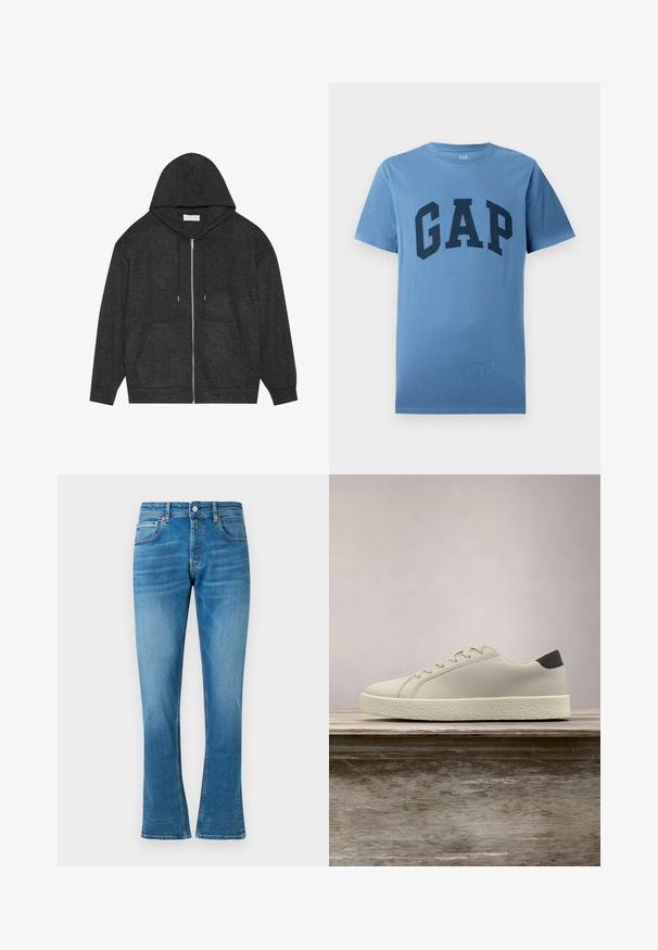 Graphitgrauer Zip-Hoodie mit Kordelzugkapuze, gerippter Struktur und vorderen Taschen. Mit langen Ärmeln und lockerer Passform.; Blaues Kurzarm-T-Shirt mit Rundhalsausschnitt und großem dunkelblauem "GAP"-Schriftzug auf der Vorderseite.; Blaue Denim- Schlagjeans mit normaler Taille, zwei Fronttaschen und leichter Abnutzung. Der Stoff hat eine weiche Textur und traditionelle Nähte.; Weißer Sneaker mit strukturierter Sohle und schwarzem Absatzdetail, schwebend über einer Holzbank mit hohem grünem Gras im Hintergrund.