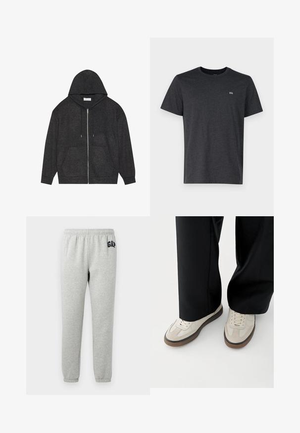 Haut à zip gris graphite avec capuche à cordon, texture côtelée et poches avant. Présente des manches longues et une coupe décontractée.; T-shirt gris foncé à manches courtes en coton, avec un col rond et un petit logo sur le côté gauche de la poitrine. Texture lisse.; Pantalons de survêtement gris avec une taille élastique, des chevilles resserrées et un logo "GAP" bleu marine sur la cuisse supérieure gauche. Tissu doux en mélange de coton.; Pieds portant des baskets beige avec des semelles marron et un pantalon noir à jambes larges sur fond blanc.