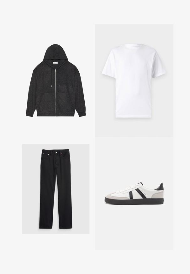 Haut à zip gris graphite avec capuche à cordon, texture côtelée et poches avant. Présente des manches longues et une coupe décontractée.; T-shirt blanc à manches courtes en coton avec un col rond, présentant une texture lisse et un design simple, sans motifs ni accents.; GAP 90S LOOSE - Jean large - black; Baskets blanches avec des accents noirs et gris, présentant un embout texturé gris, une semelle en caoutchouc noir et des lacets plats blancs. Design épuré, style minimaliste.