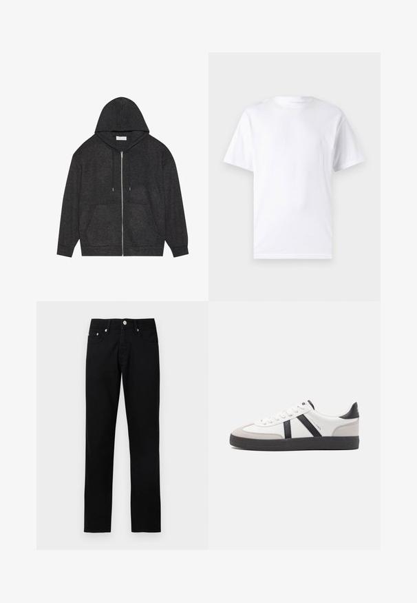 Graphitgrauer Zip-Hoodie mit Kordelzugkapuze, gerippter Struktur und vorderen Taschen. Mit langen Ärmeln und lockerer Passform.; Weißes kurzärmeliges T-Shirt aus Baumwolle mit Rundhalsausschnitt, das eine glatte Textur und ein einfaches Design ohne Muster oder Akzente aufweist.; Schwarze Jeans mit geradem Bein, vorderer Knopfleiste, Reißverschluss, Gürtelschlaufen und fünf Taschen auf hellgrauem Hintergrund.; Weiße Sneaker mit schwarz- und grau-aczenten, ausgestattet mit einer strukturierten grauen Zehenkappe, schwarzer Gummi-Sohle und flachen weißen Schnürsenkeln. Sauberes Design, minimalistische Stil.