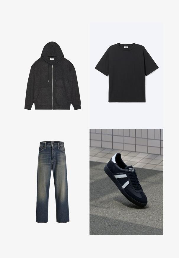 Grafietgrijze zip-up hoodie met een trekkoordcapuchon, een geribbelde textuur en voorzakken. Heeft lange mouwen en een relaxte pasvorm.; Zwart T-shirt met korte mouwen en ronde hals met een ontspannen pasvorm, vooraanzicht, effen ontwerp en zichtbaar Weekday-merklabel binnenin de kraag.; Wijde jeans in donkerblauwe denim met een gradientafwerking, voorzien van een knoopsluiting, vijf zakken en gestructureerde stikdetails.; Zwarte leren sneaker met witte strepen, een gestructureerde rubberen zool en vetersluiting aan de voorkant. Voorzien van een merklabel op de tong.