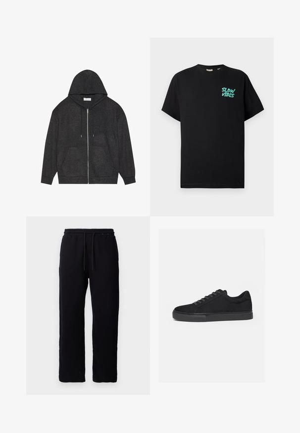 Grafitgrå lynlås hoodie med snøre hætte, ribbet tekstur og forlommer. Har lange ærmer og en afslappet pasform.; Sort bomulds T-shirt med korte ærmer, rund hals og et turkist "SLOW VIBES" grafisk design på venstre bryst.; Sorte sweatpants lavet af bomuld, med elastisk talje og snore, lige ben design, og uden synlige mønstre eller detaljer.; Sort lavtop sneaker med snørelukning foran og flad gummisål, vist fra siden på en hvid baggrund.
