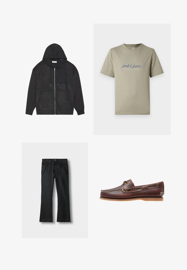 Graphitgrauer Zip-Hoodie mit Kordelzugkapuze, gerippter Struktur und vorderen Taschen. Mit langen Ärmeln und lockerer Passform.; Olivgrünes Baumwoll-T-Shirt mit kurzen Ärmeln, versehen mit weißem "Jack & Jones"-Logo und dem Schriftzug "Creative Dept" in einem einfachen, klaren Design.; Schwarze Denim-Jeans mit geraden Beinen, Fronttaschen und rohen, ausgefransten Säumen, flach auf einem hellen Hintergrund liegend.; Brauner Leder-Bootsschuh mit weißen Nähten, Schnürdetails und hellbrauner Gummisohle, seitlich auf weißem Hintergrund gezeigt.