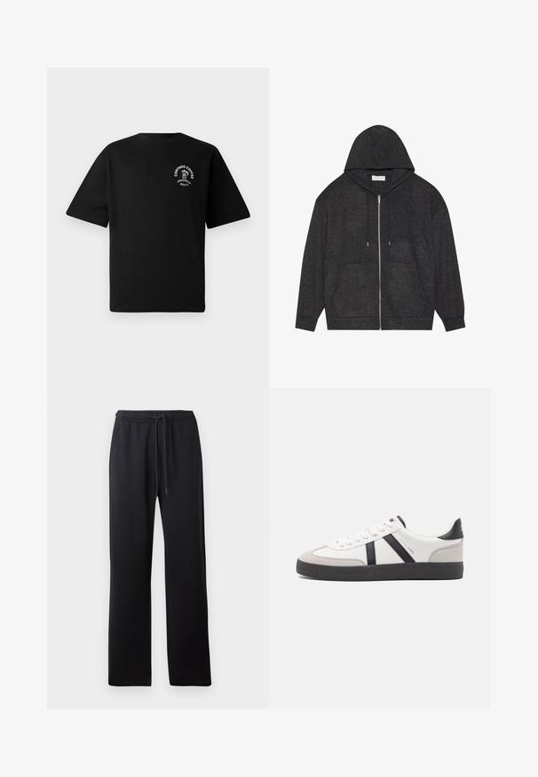 Haut à zip gris graphite avec capuche à cordon, texture côtelée et poches avant. Présente des manches longues et une coupe décontractée.; T-shirt noir à manches courtes avec un petit logo blanc sur la poitrine représentant une cafetière et le texte "Cortado Coffee Original 2013."; Abercrombie & Fitch ESSENTIAL BAGGY OPEN HEM CASUAL - Pantalon de survêtement - black; Baskets blanches avec des accents noirs et gris, présentant un embout texturé gris, une semelle en caoutchouc noir et des lacets plats blancs. Design épuré, style minimaliste.
