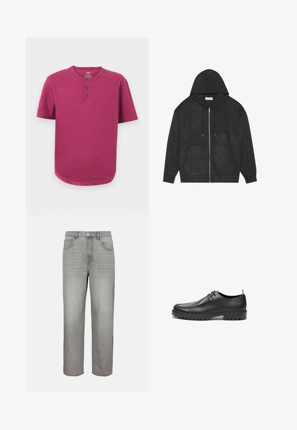 Grafitgrå lynlås hoodie med snøre hætte, ribbet tekstur og forlommer. Har lange ærmer og en afslappet pasform.; Kortærmet henley-skjorte i en livlig magenta farve. Har en rund hals, tre-knaps stolpe og en let buet kant. Blød tekstur.; Lysegrå jeans med lige ben, forrest med knap, lynlås, bæltestropper samt lommer foran og bagpå på en ensfarvet baggrund.; Sorte lædersko med en glat overflade, rund tå og dekorativ stikning. Har en gummisål med skridsikre spor og snørebåndsdesign.