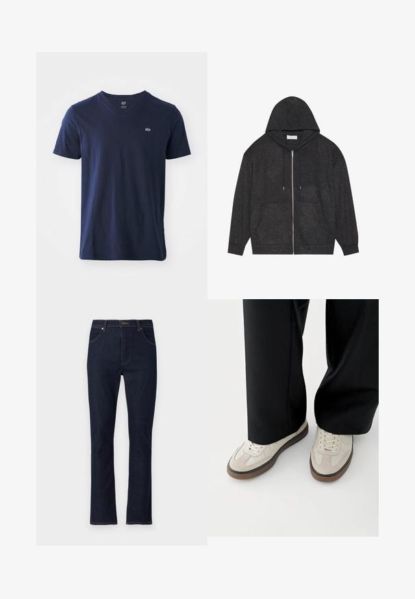 Haut à zip gris graphite avec capuche à cordon, texture côtelée et poches avant. Présente des manches longues et une coupe décontractée.; T-shirt en coton bleu marine avec un col en V, des manches courtes et un petit logo brodé sur la poitrine. Texture douce et design décontracté.; Jean droit en denim bleu foncé avec poches avant, passants de ceinture et fermeture à bouton.; Pieds portant des baskets beige avec des semelles marron et un pantalon noir à jambes larges sur fond blanc.