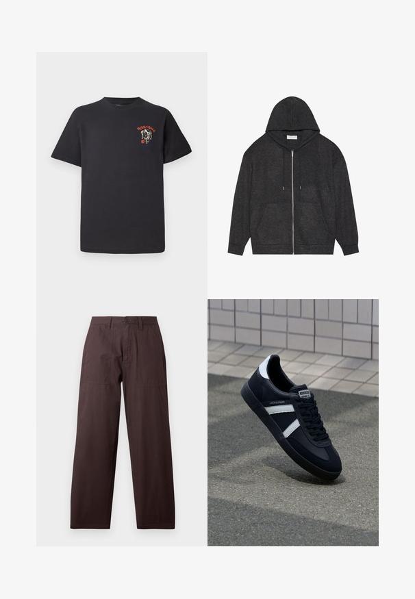Graphitgrauer Zip-Hoodie mit Kordelzugkapuze, gerippter Struktur und vorderen Taschen. Mit langen Ärmeln und lockerer Passform.; Schwarzes Baumwoll-T-Shirt mit rundem Ausschnitt, kurzen Ärmeln und einem grafischen Design eines Hundegesichts mit roten Akzenten auf der Brust.; Wrangler WORK PANT - Stoffhose - mole; Schwarze Leder-Sneaker mit weißen Streifen, strukturiertem Gummisohle und Schnürung. Verfügt über ein Markenetikett auf der Zunge.