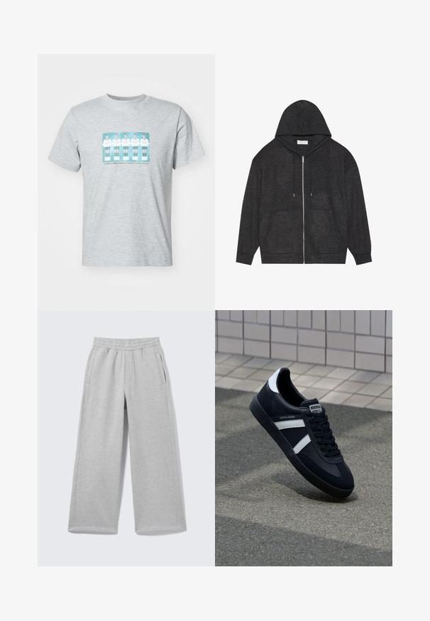 Haut à zip gris graphite avec capuche à cordon, texture côtelée et poches avant. Présente des manches longues et une coupe décontractée.; T-shirt en coton gris avec un imprimé central représentant cinq footballeurs en maillots blancs avec des accents teal, col rond et manches courtes.; Pantalon de survêtement gris clair à jambes larges avec taille élastique et poches latérales, présenté sur un fond uni.; Sneaker en cuir noir avec des rayures blanches, semelle en caoutchouc texturée et devant à lacets. Présente une étiquette de marque sur la languette.
