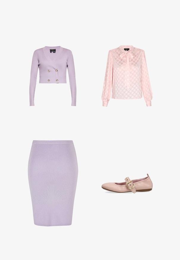 Cardigan court côtelé lilas avec manches longues, col en V et quatre boutons décoratifs dorés sur le devant.; Blouse rose pâle à manches longues avec de gros pois et un col noué en nœud, avec des poignets boutonnés et un tissu légèrement transparent.; Jupe crayon côtelée en violet clair avec un design ajusté. Présente une taille haute, une texture lisse et une coupe au niveau des genoux.; Chaussure plate en cuir rose clair avec embout arrondi, bride décorative et grande boucle dorée, petit talon et languette à l'arrière du col du talon.