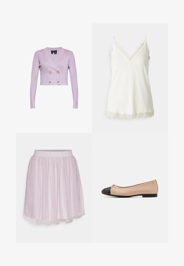 Cardigan court côtelé lilas avec manches longues, col en V et quatre boutons décoratifs dorés sur le devant.; Camisole blanche avec un décolleté en V, délicate bordure en dentelle le long des bretelles et de l'ourlet, et une texture lisse et douce. Tissu léger.; VILA VIDOLL SKIRT - Minijupe - nirvana; Ballerines avec un dessus en satin beige, un embout en cuir verni noir, un petit nœud à l'avant et un petit talon noir.