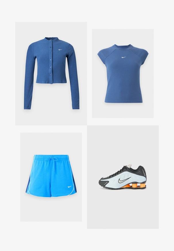Sinine soonikkoes pika varrukaga lühike kardigan, ees nööpidega ja vasakul rinnal valge Nike swoosh logo.; Sinine lühikeste varrukatega soonikkoes topp ümara kaelusega ja valge Nike Swoosh logo rinnal keskel.; Sinised spordipüksid valgete äärtega, tumesinised küljetaskud, elastse vöökohaga, nööriga ja väike valge Nike logo ees.; Must must ja heledast sinisest sportlikust jalatsist, millel on ümar varvas, võrgust ja sünteetilisest materjalist ülemine osa ning oranž kandmistoetuse element lööke neelavas disainis.
